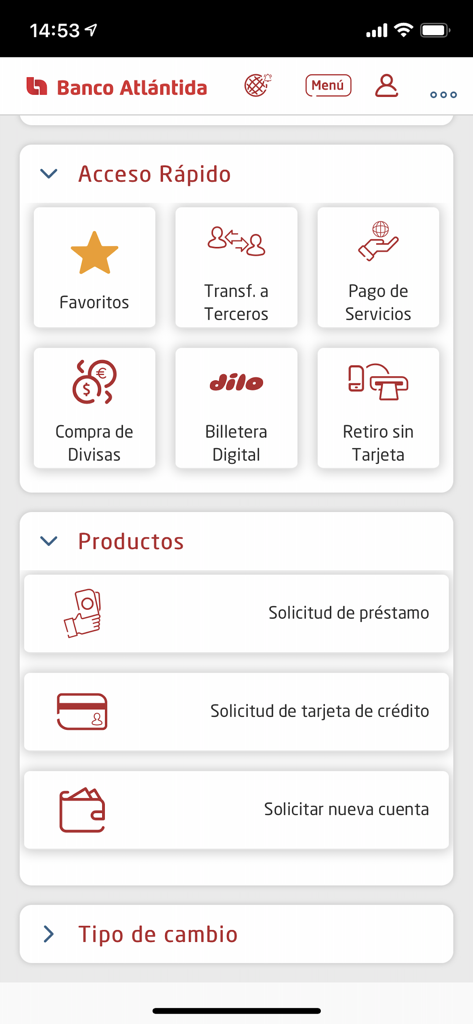 Atlántida Móvil - Atlántida Móvil mobile app dashboard with quick access options for transfers, bill payments, and loan applications.
