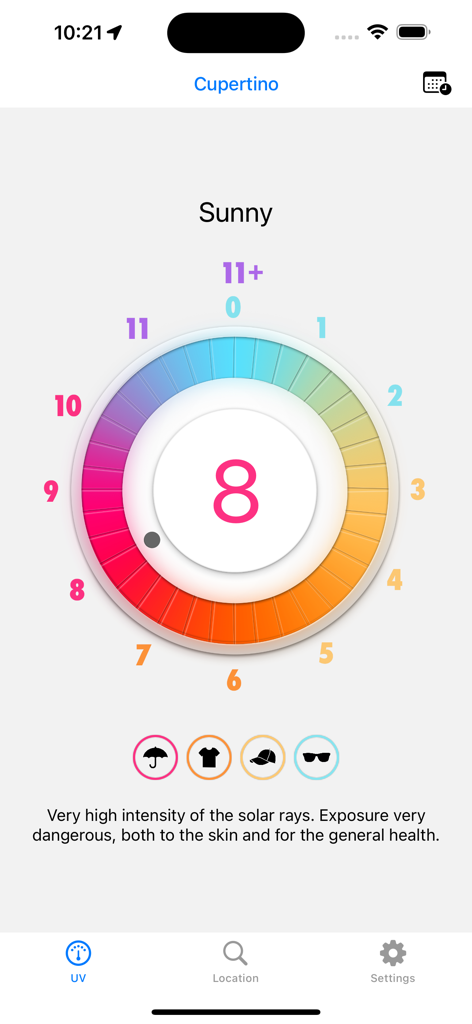 UV Index - Sun rays - UV Index app interface displaying a high sun radiation level of 8 with recommended clothing icons