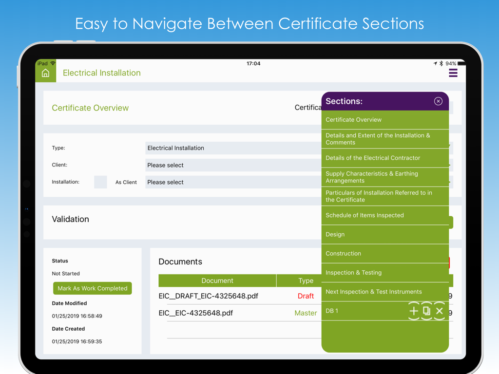 Pro Certs - iPad interface of Pro Certs showing a pop-up menu to navigate between electrical certificate sections