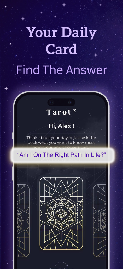 TarotX: Tarot Card Reading - TarotX app interface showing a daily tarot card reading with a prompt asking if one is on the right path in life