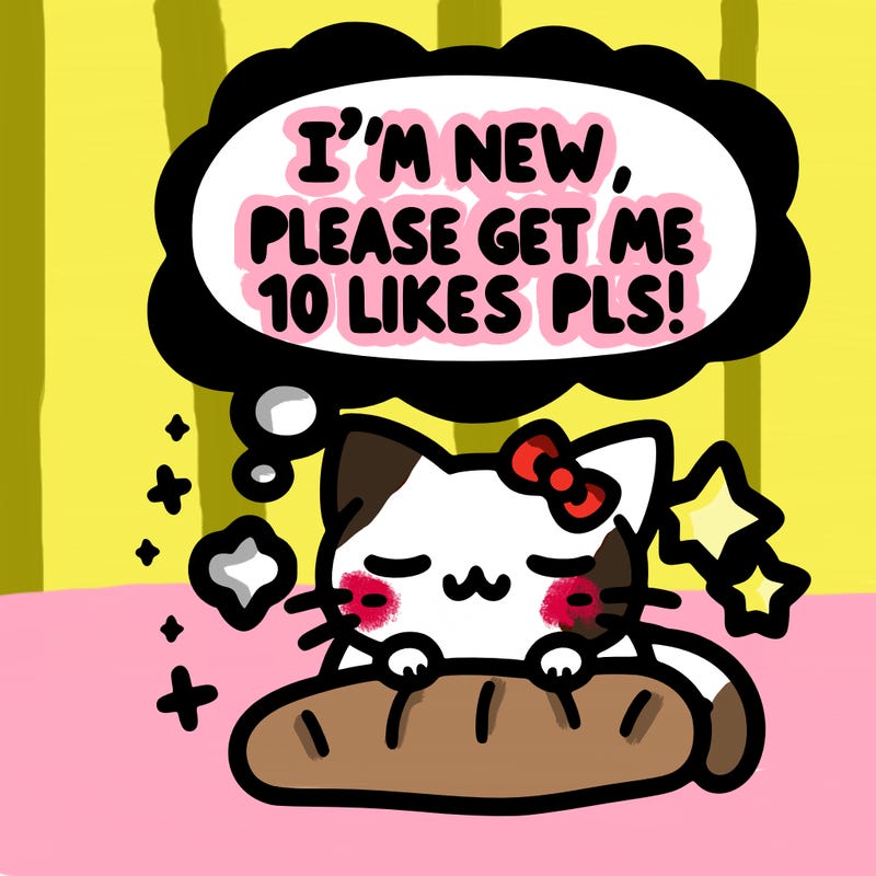 kitty taking a nap dream talking and saying "i'm new, please get me at least 10 likes pls!!"