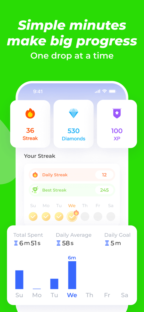 Dashboard showing daily streaks, XP, and time spent practicing English on the Speakup AI app