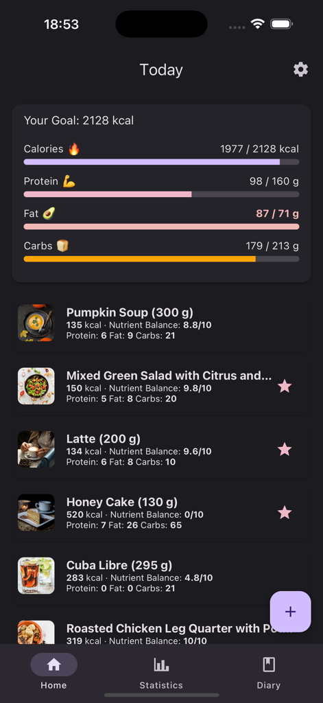 Calorie Counter Photo AI - Daily calorie and macro tracking dashboard with food log and nutrient balance scores in dark mode