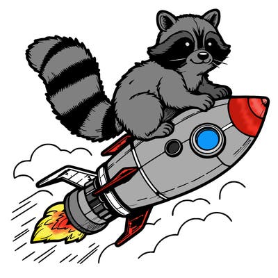 realistic raccoon flying on top rocket ship