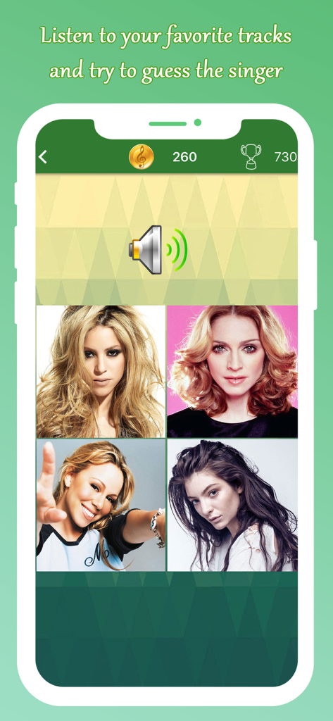 Musical hits quiz. Guess songs - Gameplay screen of Musical hits quiz showing four female singers and a speaker icon to guess the artist