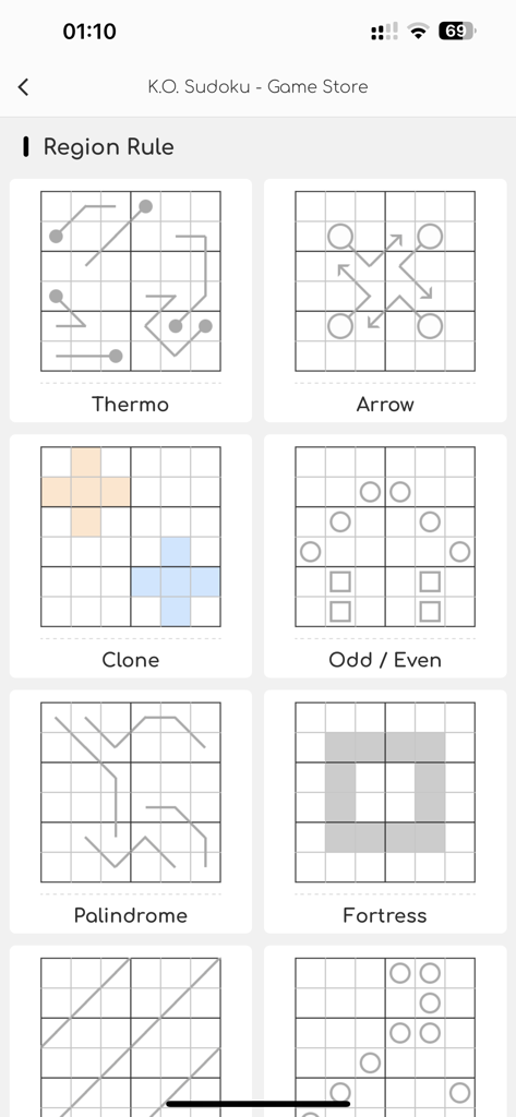 K.O. Sudoku Pro - A menu of different Sudoku puzzle variants including Thermo, Arrow, and Clone in K.O. Sudoku Pro.