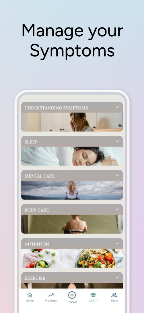 Lupus Journey - A screenshot of the Lupus Journey app displaying various tracking categories including sleep, mental care, body care, nutrition, and exercise to manage symptoms.