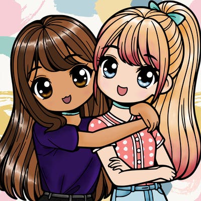 two girls arms around each other's necks one with long straight hair and one with a ponytail