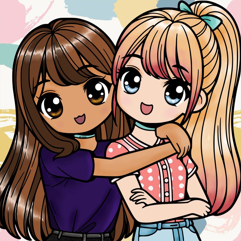 two girls arms around each other's necks one with long straight hair and one with a ponytail