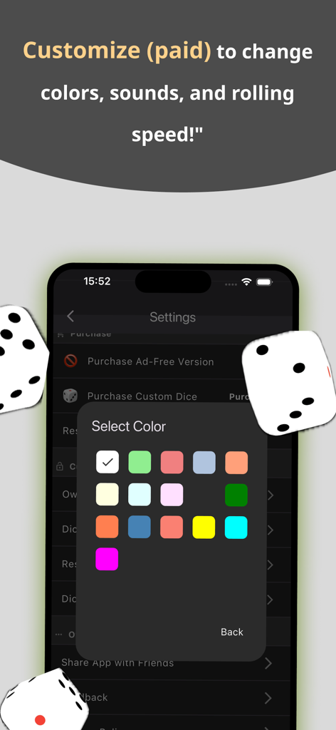 CHINCHIRO - A smartphone screen displaying the color customization palette in the Chinchiro app settings menu