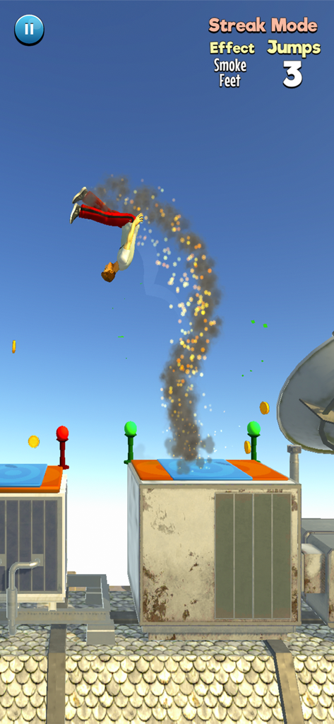 Flip Runner - A character performing a backflip over urban rooftops in Flip Runner with a smoke trail effect.