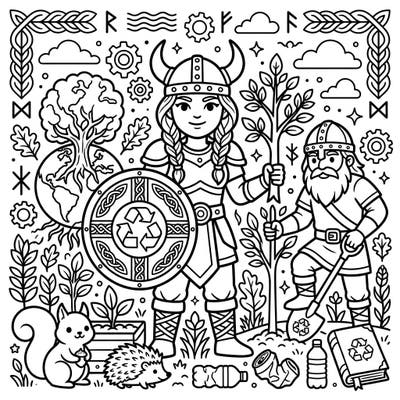 Embark on an epic journey of creativity with this unique Viking People Earth Day coloring page. This design beautifully merges Norse heritage with a powerful message of environmental care, perfect for all ages.