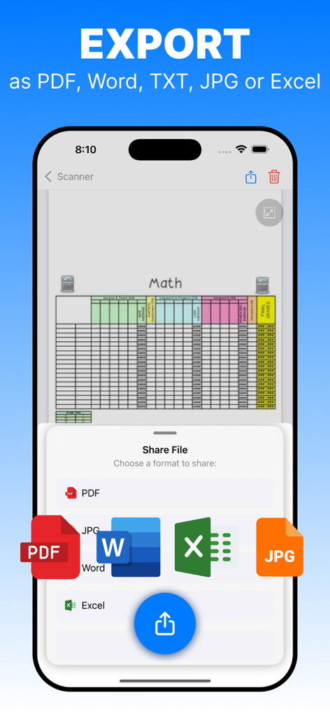 PDF、Word、JPG、Excel形式でドキュメントのエクスポートオプションを示すスキャンPDFアプリのスクリーンショット。