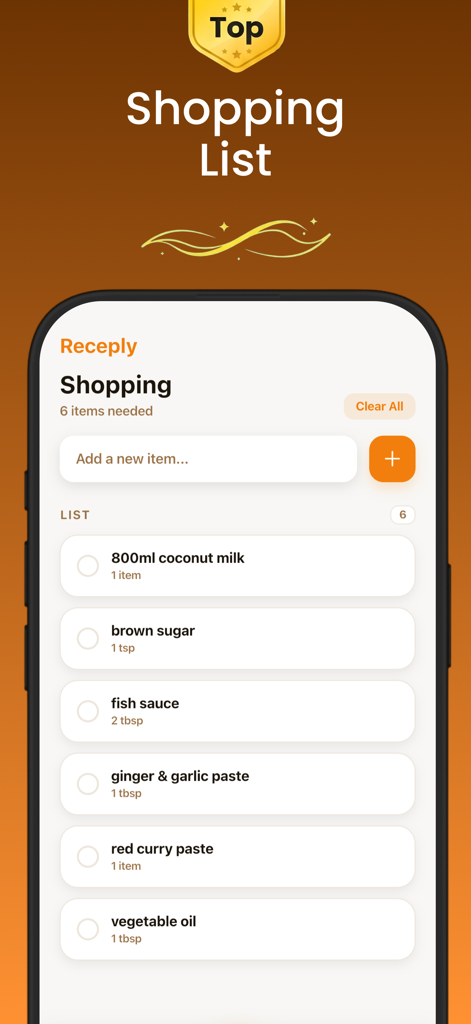 Recipes & Meal Plan - Receply - Interfaz de la aplicación Receply que muestra una lista de compras digital con artículos como leche de coco y pasta de curry rojo.