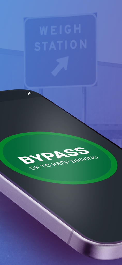 Smartphone affichant une notification de contournement verte de l'application PrePass avec un panneau de poste de pesée en arrière-plan.