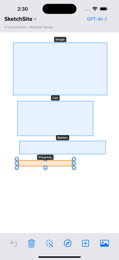 SketchSite - Mobile interface of SketchSite app displaying detected UI components like image list and button from a hand drawn sketch