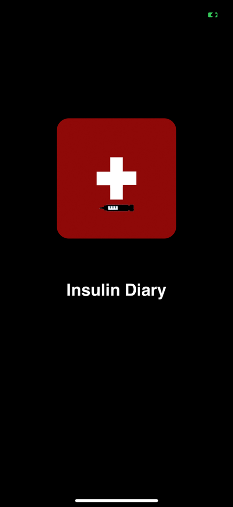 Insulin Diary app splash screen with a red medical icon and syringe on a black background