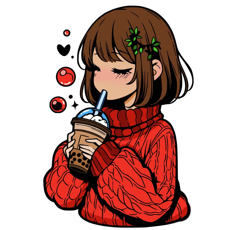 manga girl drinking boba in cozy sweater