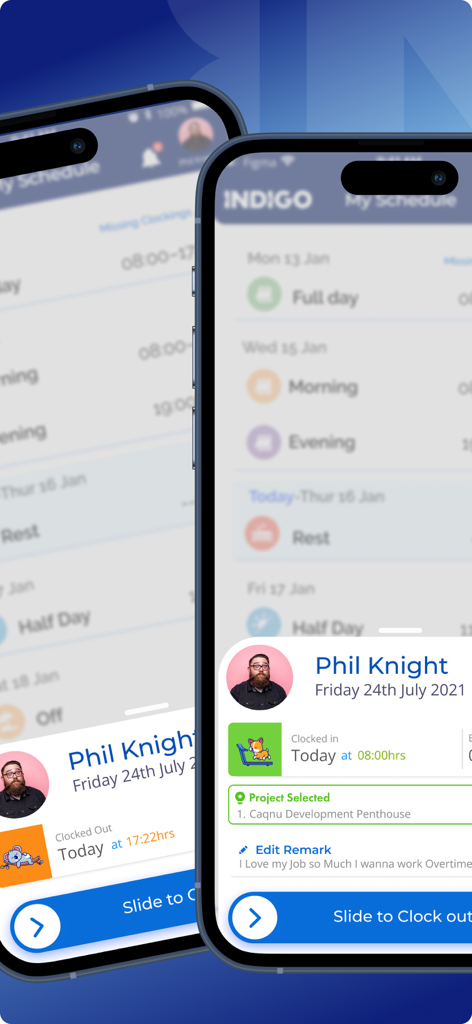 Indigo Mobile - Indigo Mobile app interface showing employee schedule and clock out feature