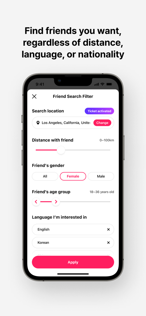 MEEFF - Make Global Friends - MEEFF app screen showing search filters for location distance gender age and language preferences