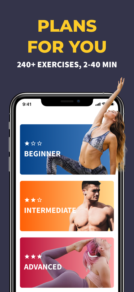 MoveBody – All-in-One Fitness - Interfaz de la aplicación MoveBody que muestra planes de entrenamiento para principiantes, intermedios y avanzados con más de 240 ejercicios
