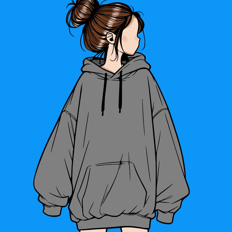 realistic girl with a oversized sweatshirt on and a bun