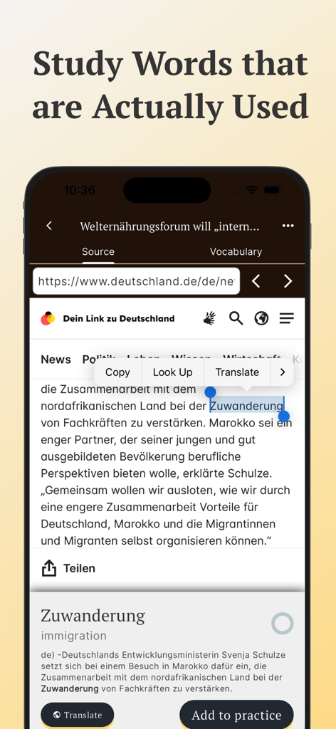 Vocabuo - Language Vocabulary - Vocabuo app interface highlighting a word on a website to translate and add to a study list.