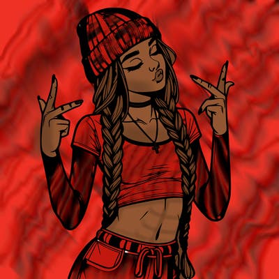 realistic teenage girl with braids and a beanie and crop top doing 🫶🏼