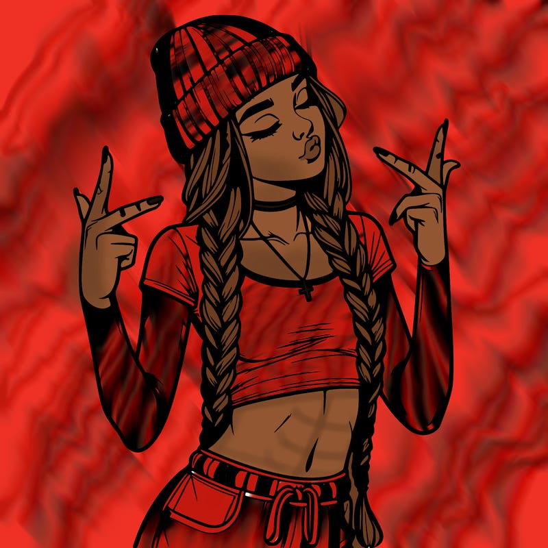 realistic teenage girl with braids and a beanie and crop top doing 🫶🏼