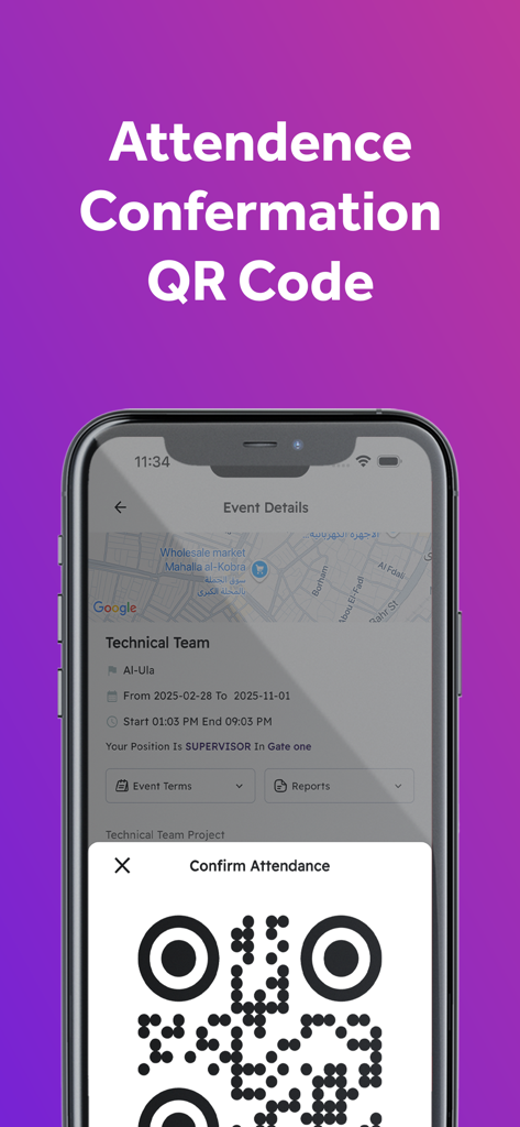 Event Masters mobile app screen showing a QR code for event attendance confirmation.