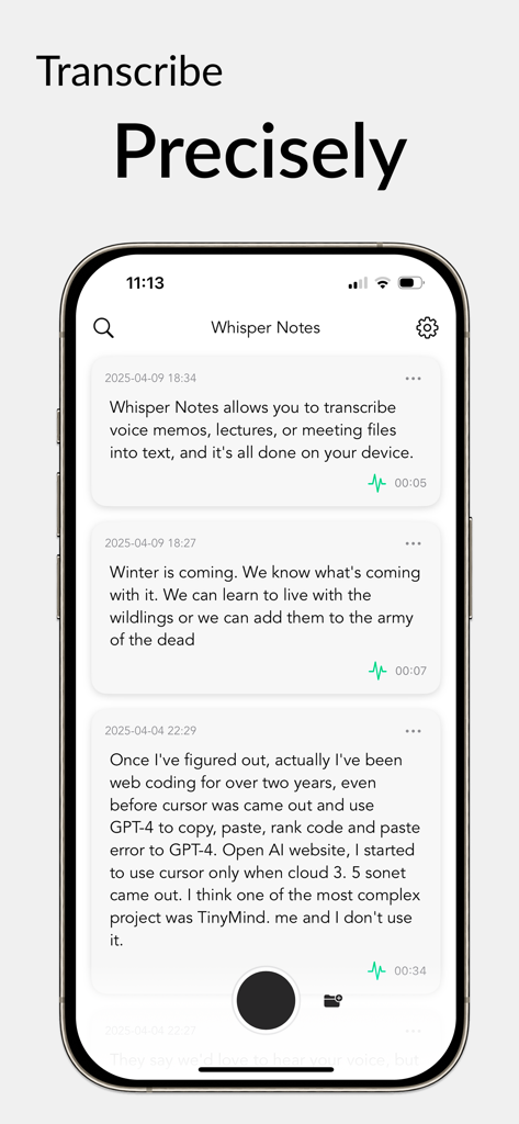 Whisper Notes - Speech to Text - Whisper Notes app on an iPhone showing a list of accurate offline transcriptions.