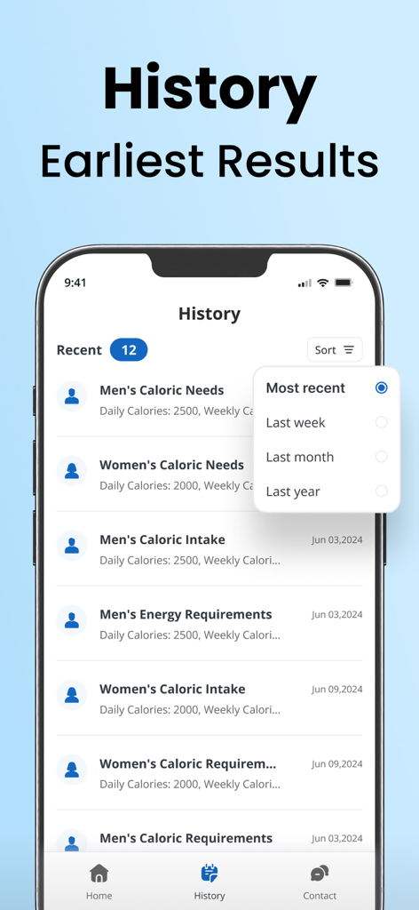 Schermata cronologia dell'app Calcolatore TDEE che mostra un elenco dei risultati dei calcoli calorici passati per uomini e donne