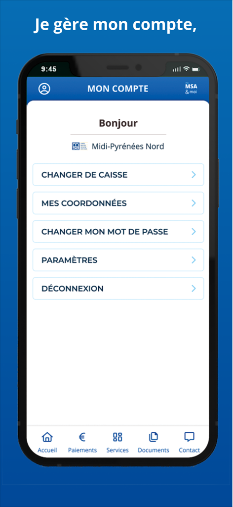 ma MSA & moi - Mobile app screen for managing user account settings and personal details in the ma MSA and moi application.