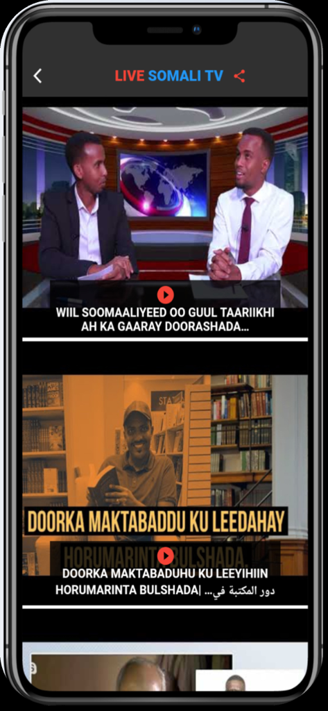 Mobile screen of Live Somali TV app showing a list of news and cultural videos in Somali language.