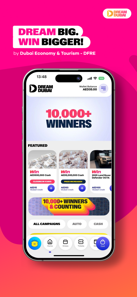 Dream Dubai - Dream Dubai App Startbildschirm mit Verlosungen von Bargeld und Luxusautos