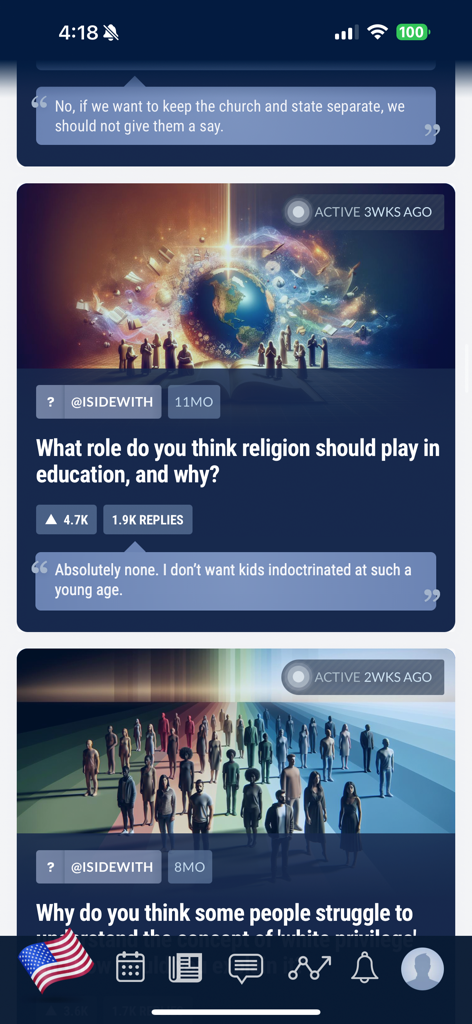 iSideWith - A mobile app interface displaying political discussion topics and user comments on religion and social issues.
