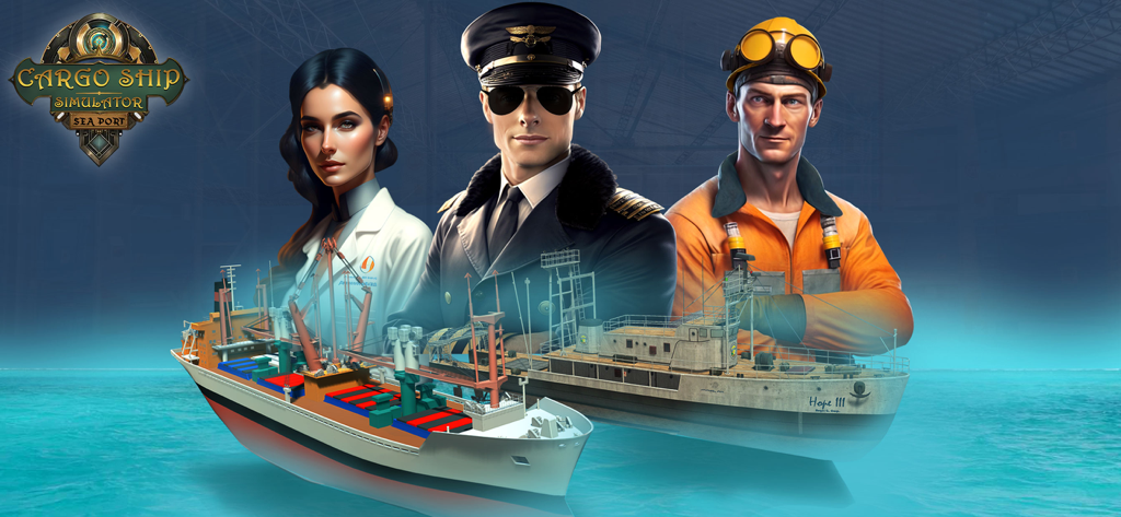 Cruise Ship Simulator Big Boat - Ilustración promocional que muestra a un capitán y tripulación con buques de carga en el océano