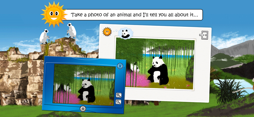 Animal World (Full Version) - Pantalla de juego educativo para niños que muestra una interfaz de cámara capturando un panda en un bosque de bambú.
