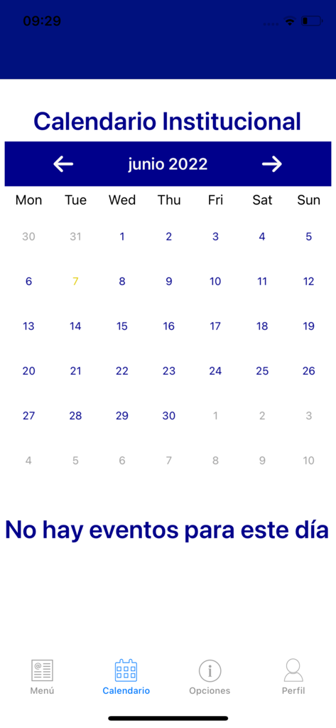 Fidélitas - Interfaz de la aplicación móvil que muestra el calendario institucional de Fidélitas para junio de 2022.