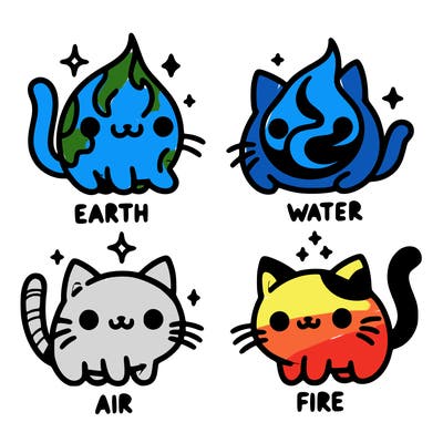 4 cats that represent the different elements, earth, water, air, and fire