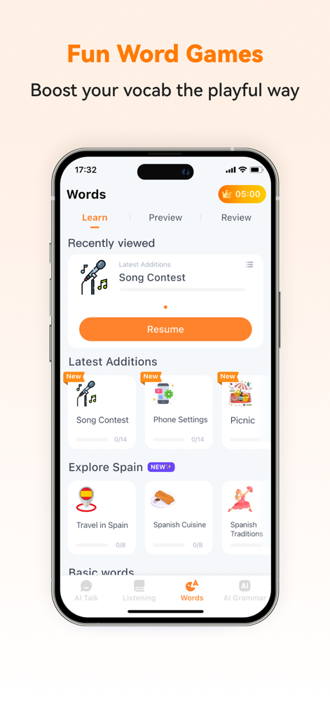 スペイン語の練習のための語彙学習カテゴリーと楽しい単語ゲームが表示されているSpanish Aiアプリの画面。
