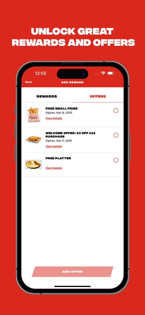Krystal - Krystal app screen displaying exclusive food offers and rewards including free fries and welcome discounts