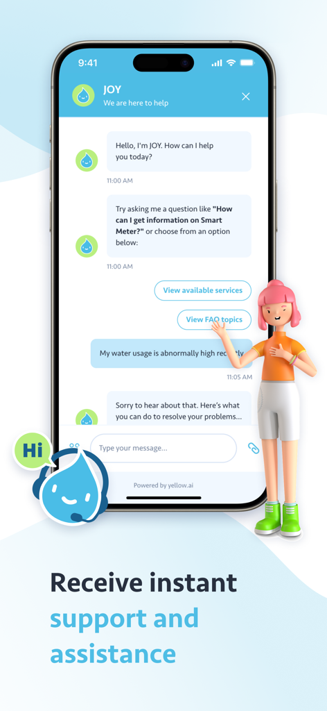 Air Selangor 2.0 App-Oberfläche mit dem JOY virtuellen Assistenten-Chatbot für sofortigen Kundensupport und Hilfe
