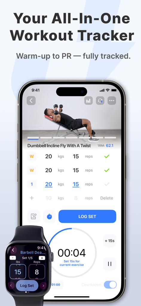 JEFIT Workout Plan Gym Tracker - JEFIT app interface on iPhone and Apple Watch showing workout logging and exercise tracking