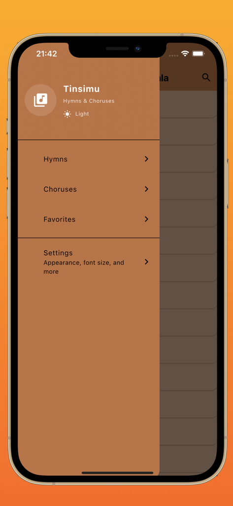 Tinsimu Ta Mhalamhala Hymns - Side navigation menu of the Tinsimu Ta Mhalamhala Hymns app featuring categories for hymns choruses and favorites