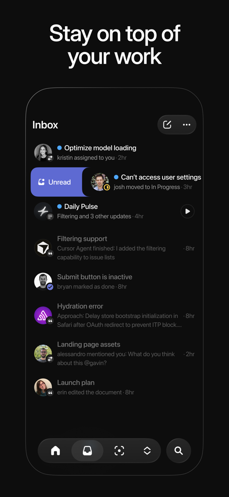 Linear Mobile - La pantalla de la bandeja de entrada de la aplicación Linear Mobile que muestra una lista de actualizaciones de proyectos y notificaciones en modo oscuro.