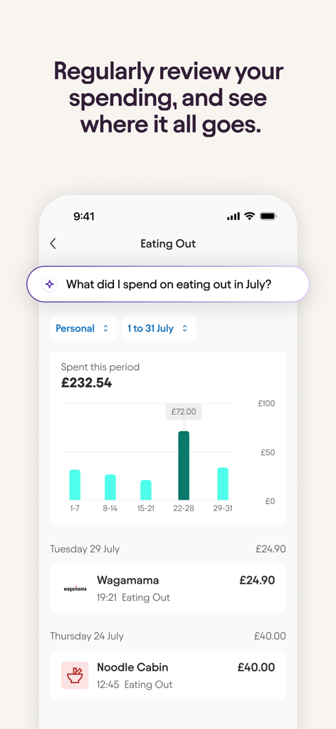 Starling - Mobile Banking - Ein Screenshot der Ausgabenübersichten von Starling Bank, der ein wöchentliches Balkendiagramm und eine Transaktionsliste für Ausgaben in Restaurants zeigt.