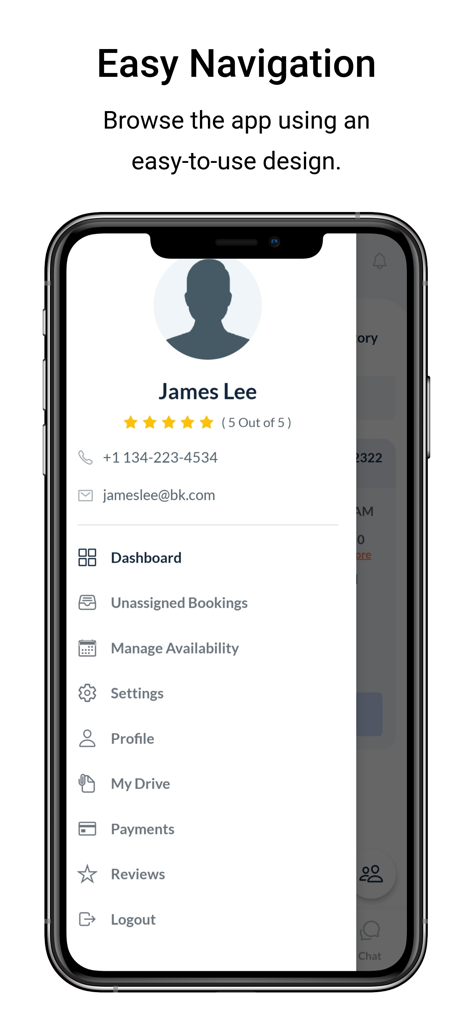 Seitenmenü der mobilen App BookingKoala For Providers mit Profildetails und Dashboard-Optionen