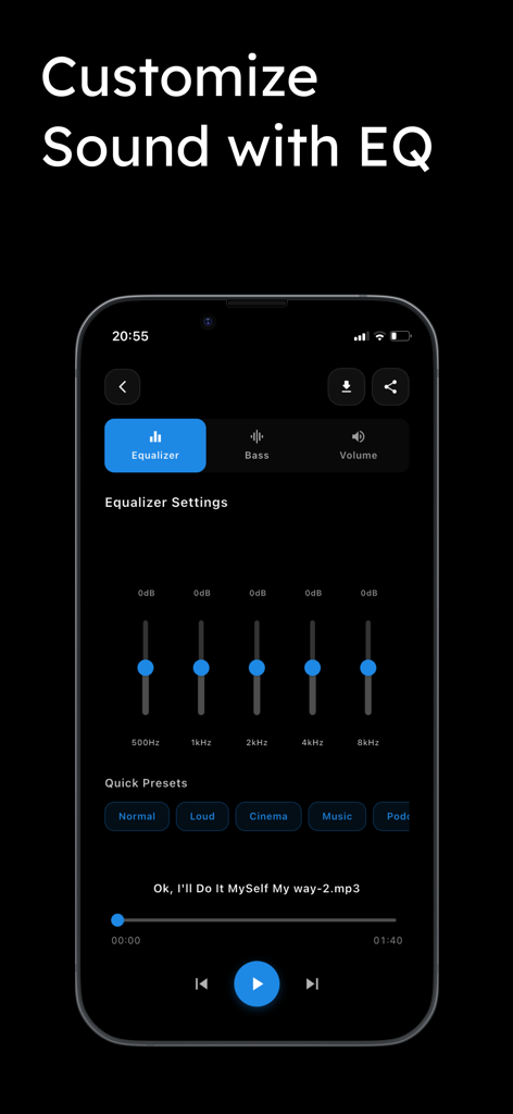 Volume Booster Speaker Booster - Pantalla de smartphone mostrando la configuración del ecualizador con deslizadores y preajustes de sonido para la aplicación Volume Booster.
