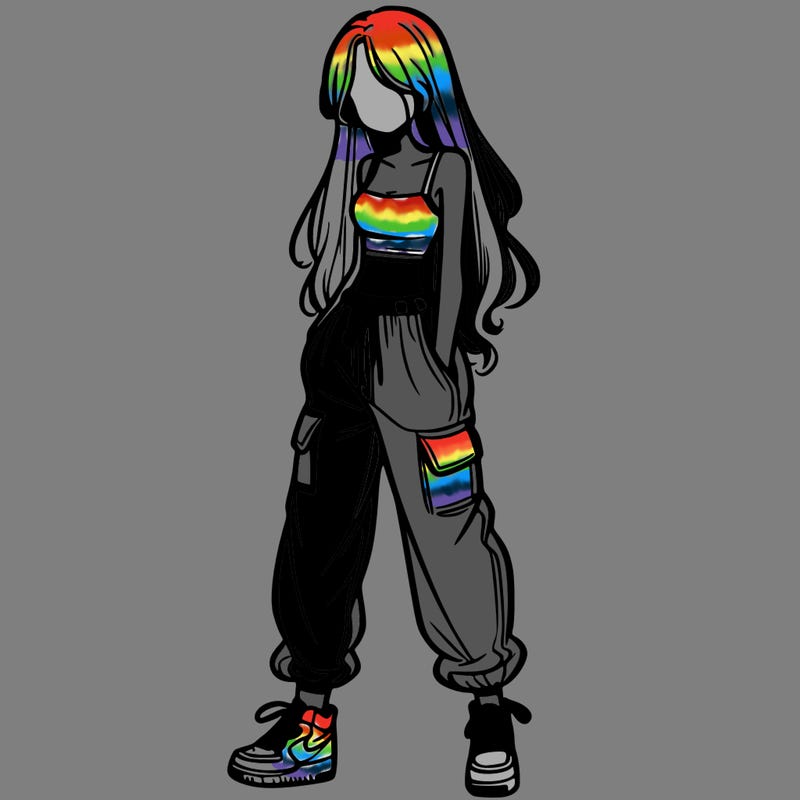 girl in baggy pants crop top and long hair